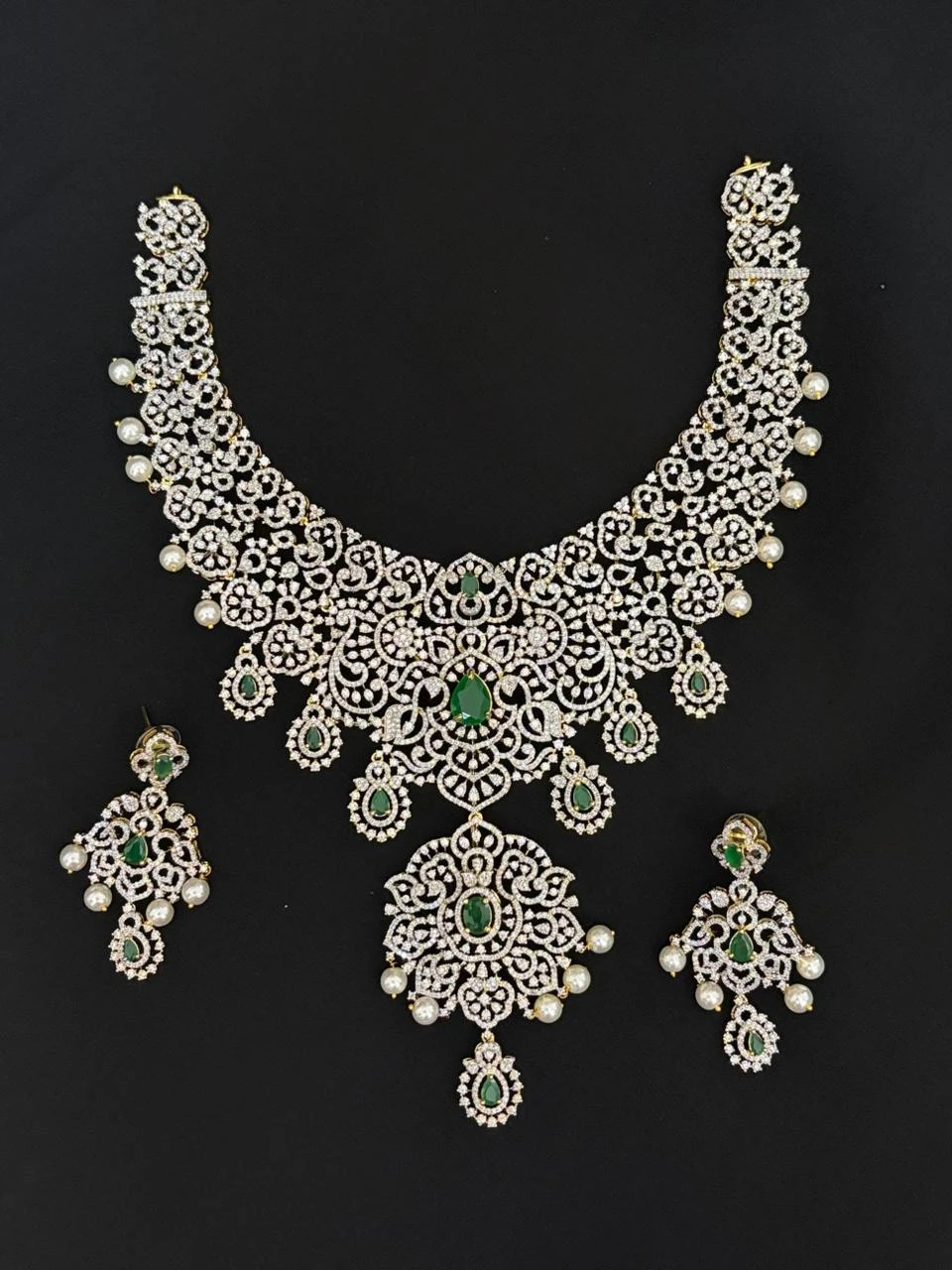 Elegant Emerald & Diamond Bridal Necklace Set with Pearl Drops