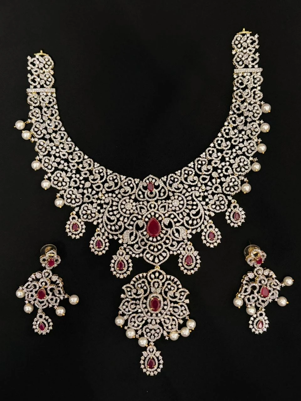 Royal Ruby & Diamond Bridal Necklace Set with Pearl Accents