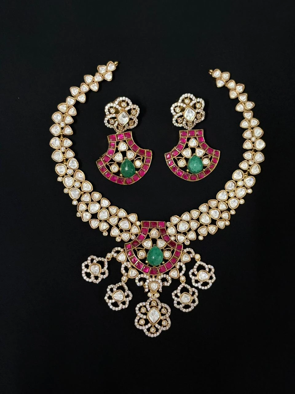 Kundan Polki Necklace Set with Emerald & Ruby Accents