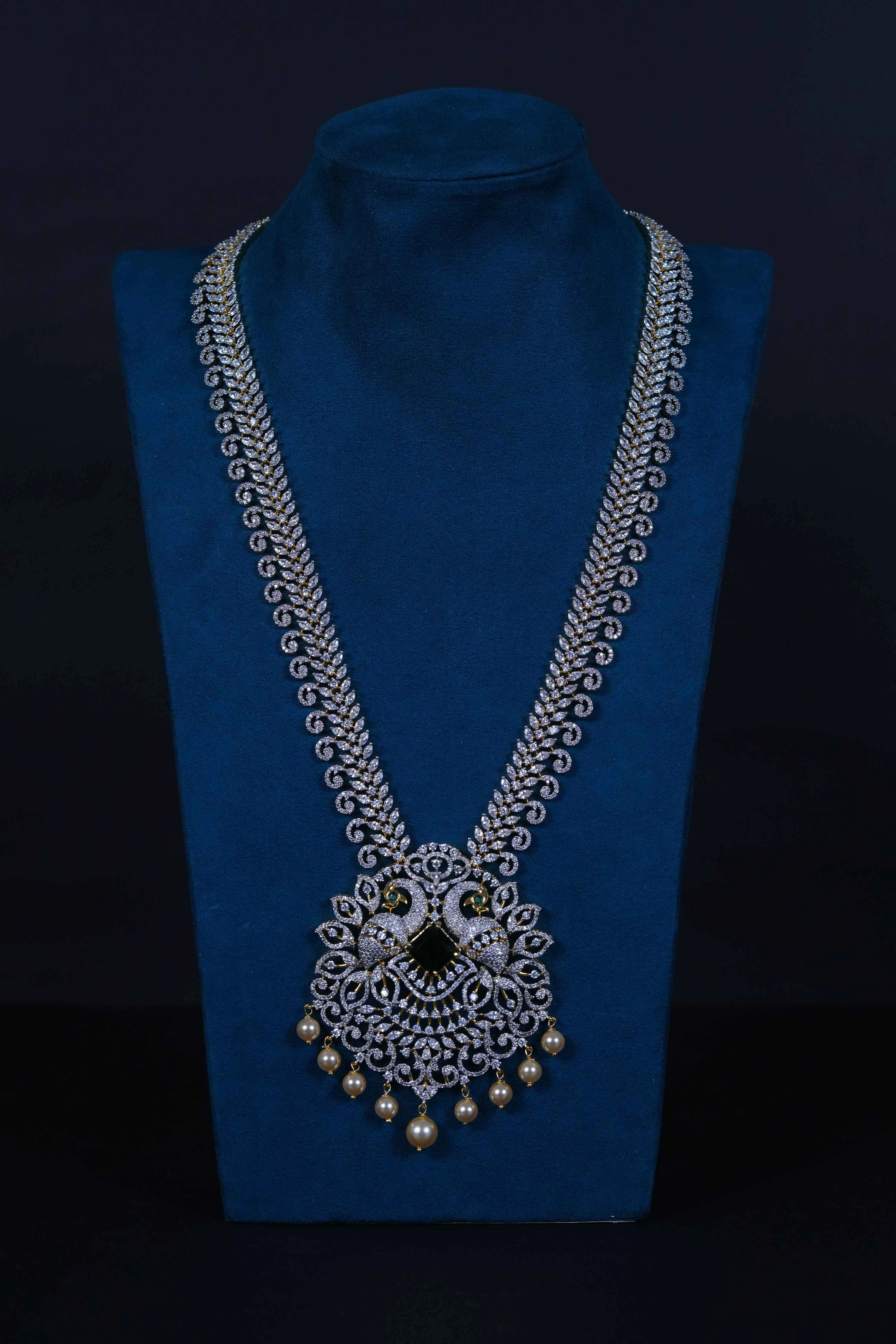 Royal Peacock American Diamond Long Haram in 92.5 Sterling Silver