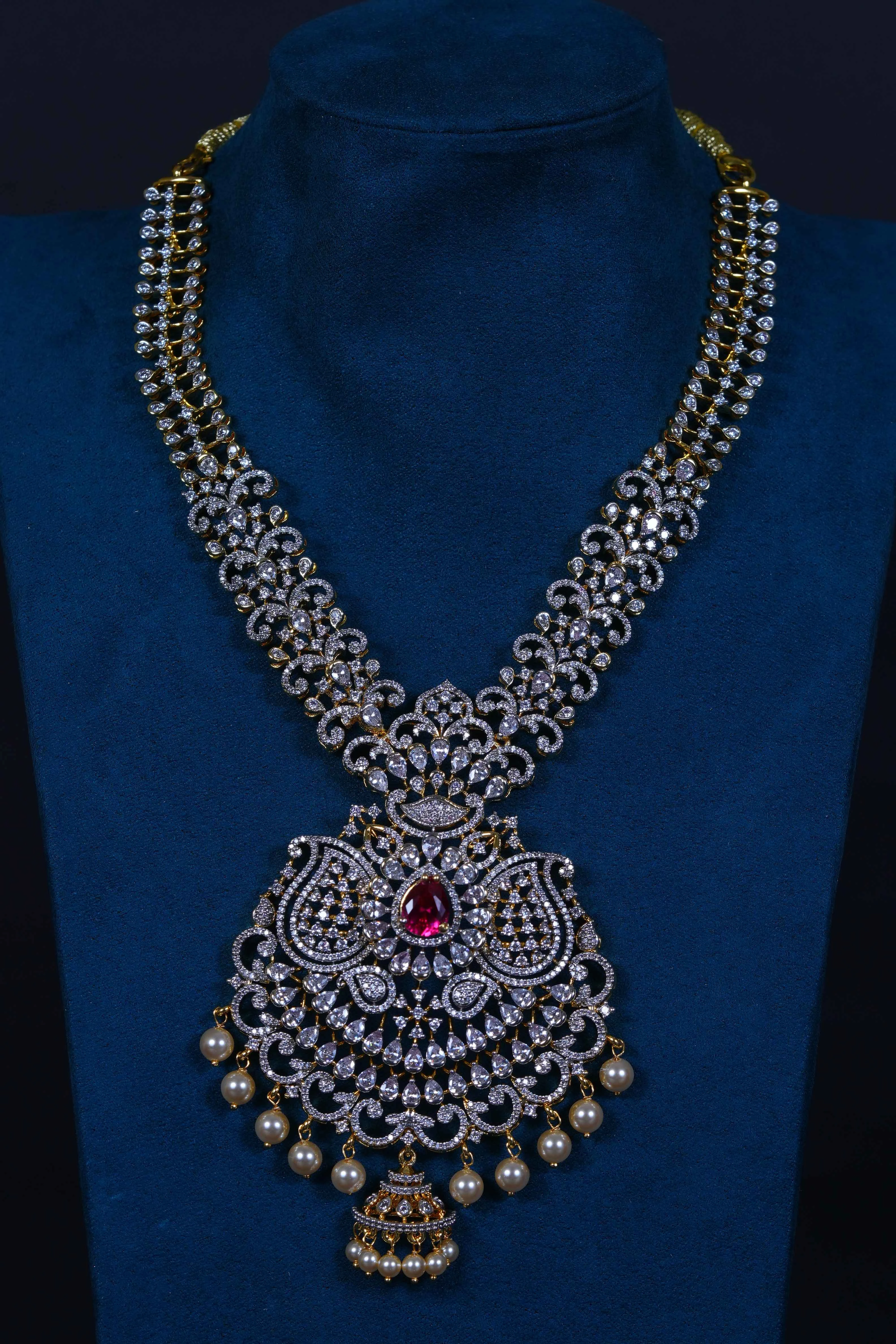 Royal Ruby AD stones Long Haram Set in 92.5 Sterling Silver