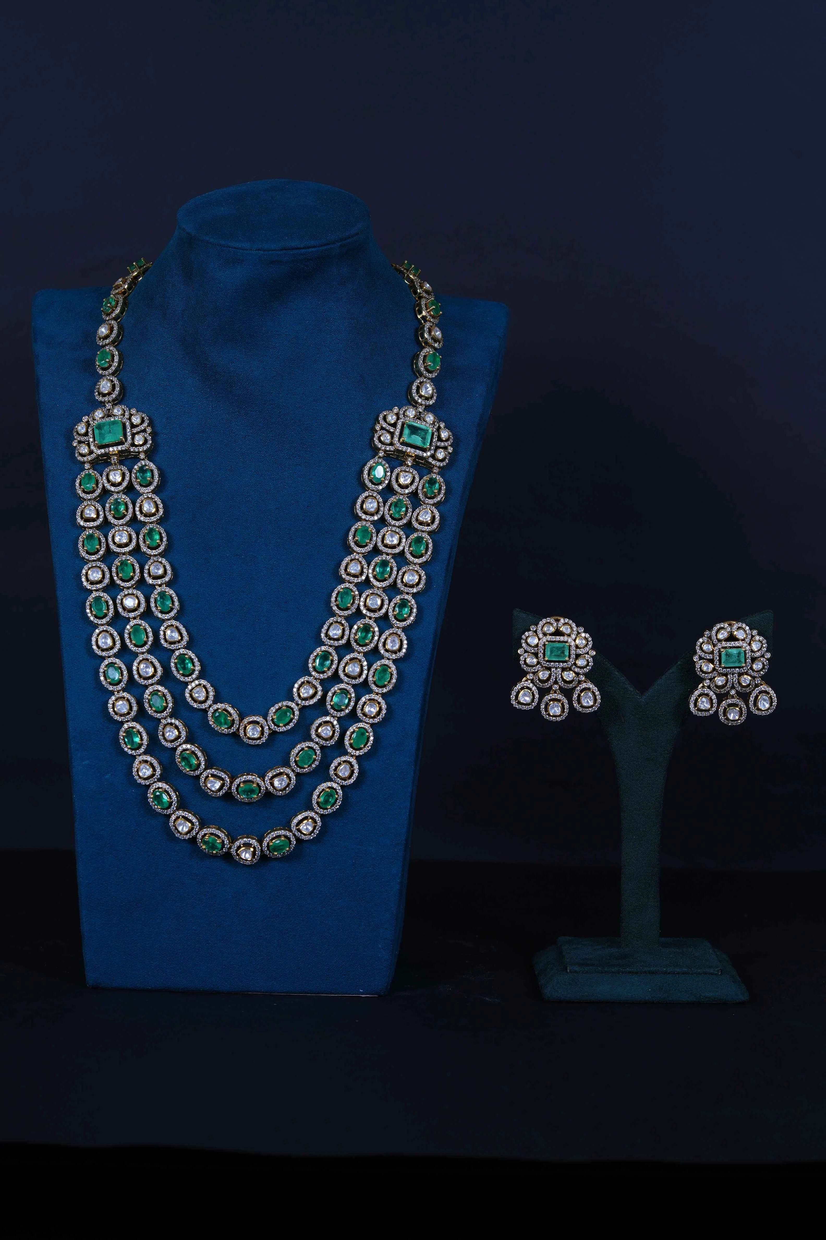 Victorian 3-Layered Emerald Polki Haram Set in 92.5 Sterling Silver
