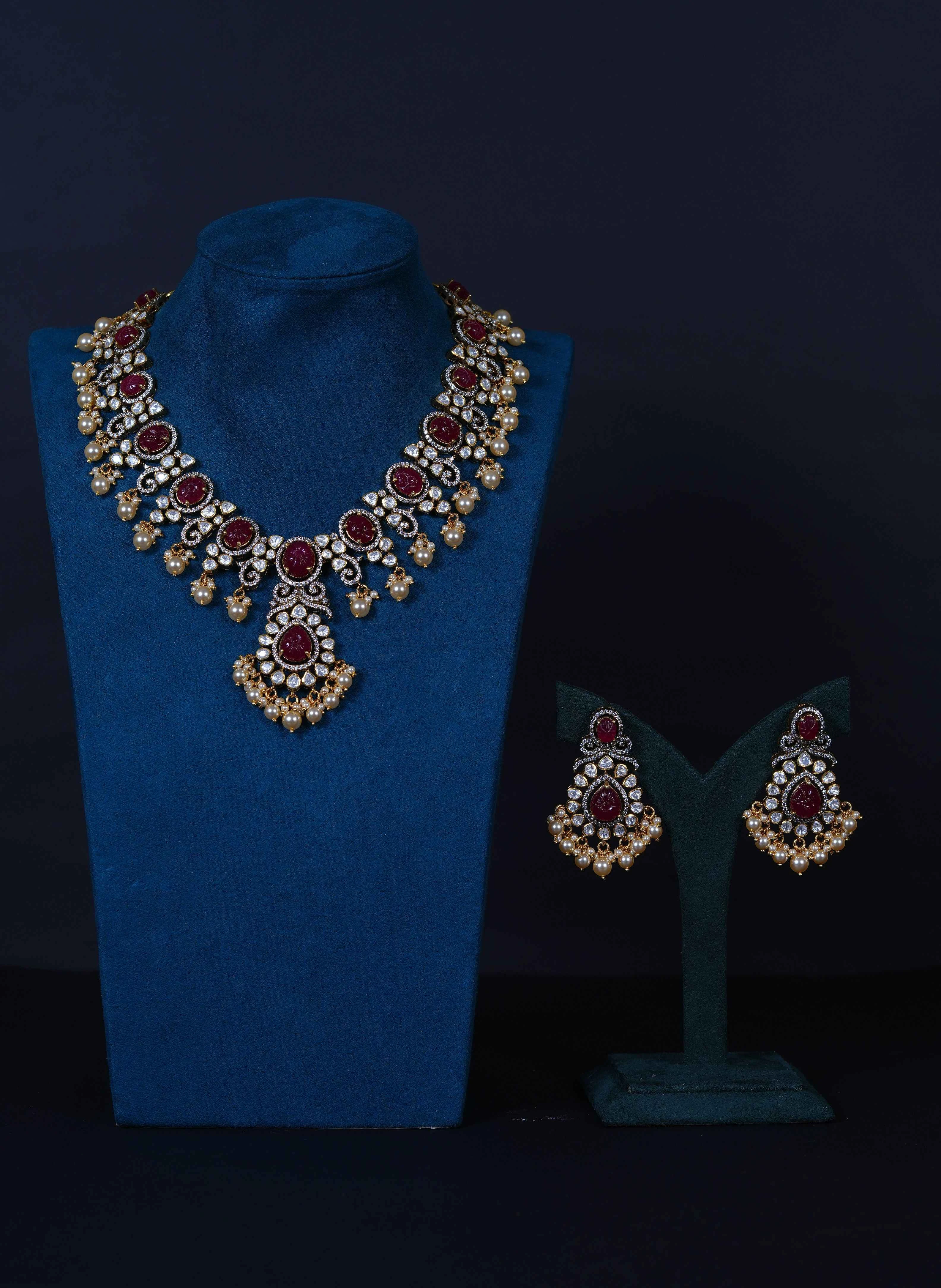 92.5 Sterling Silver Ruby Carved Polki Necklace Set with Real Beads & Pearls