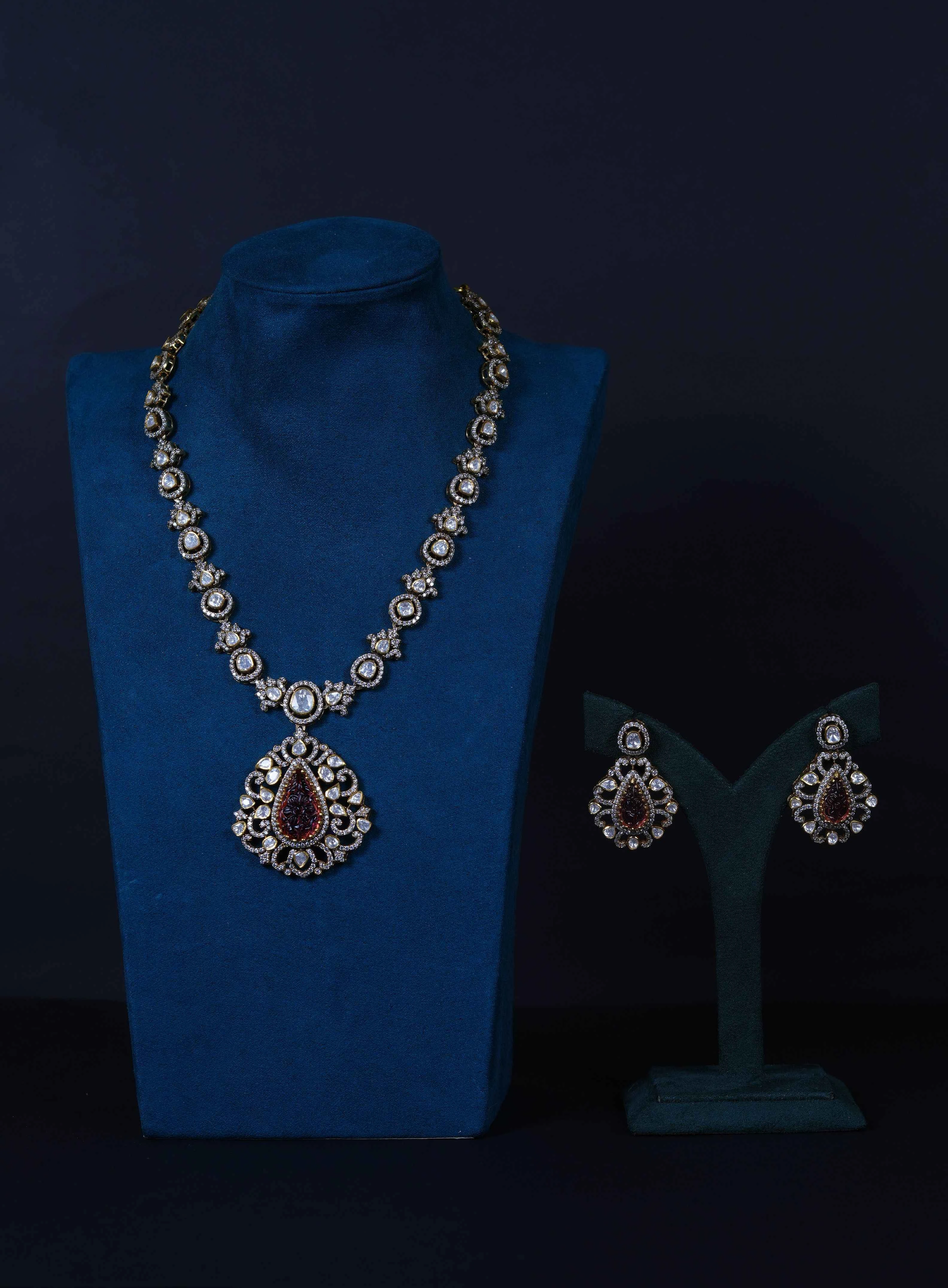 Real Polki & Carved Ruby Necklace & earrings in 92.5 Silver