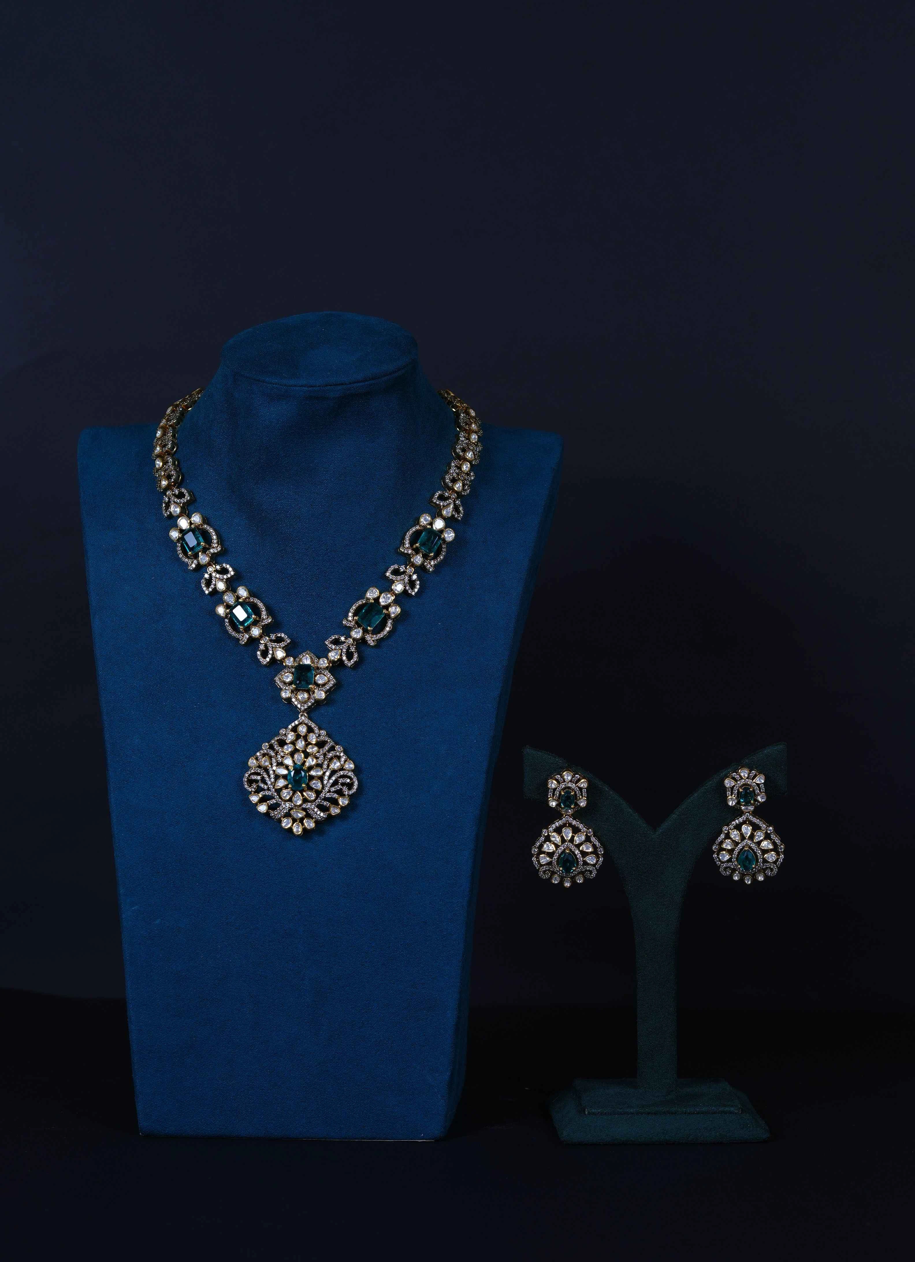Elegant Emerald Moissanite Necklace & Earrings in 92.5 Silver