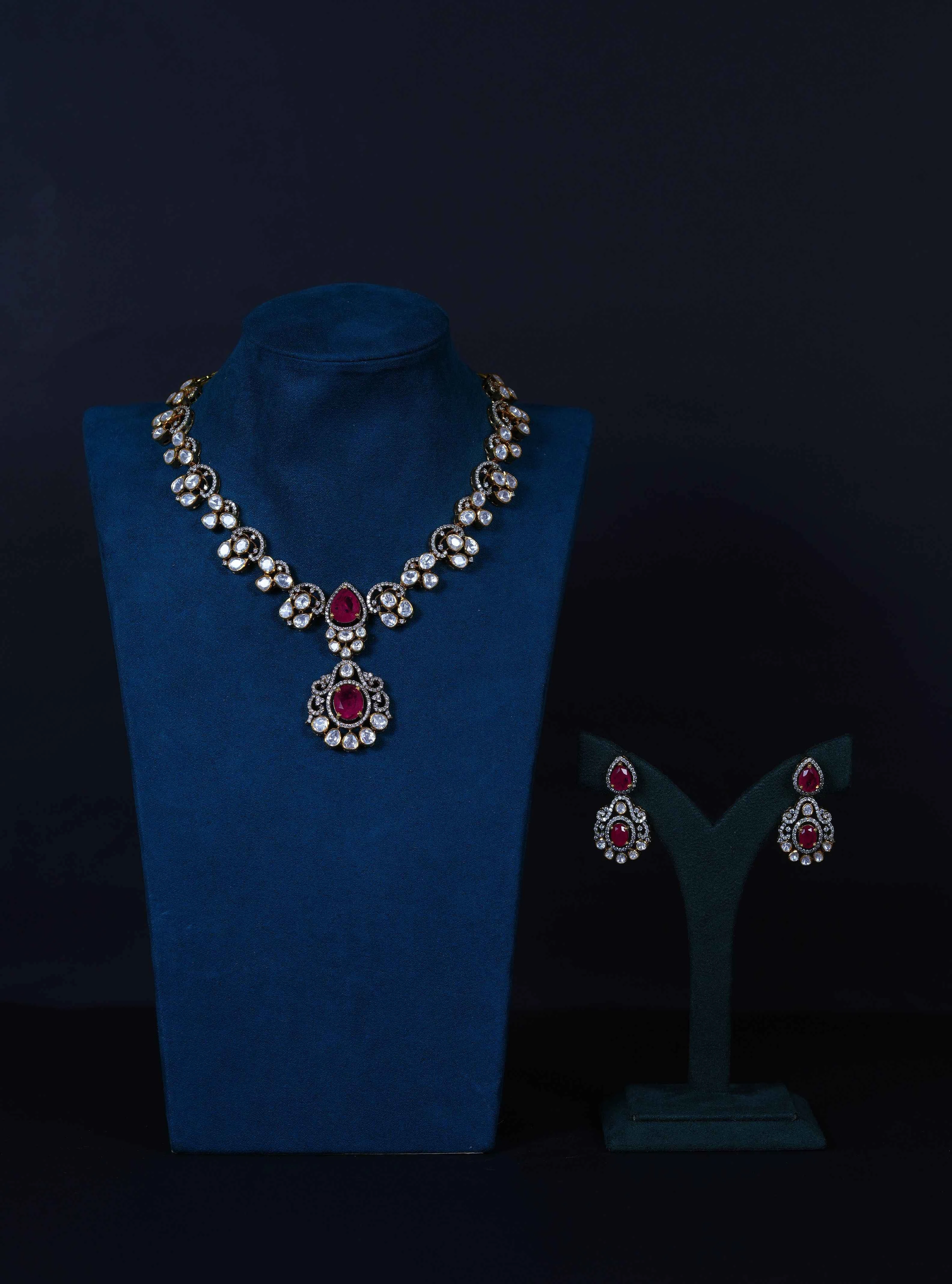 Elegant Polki Ruby Necklace with Earings in 92.5 Silver