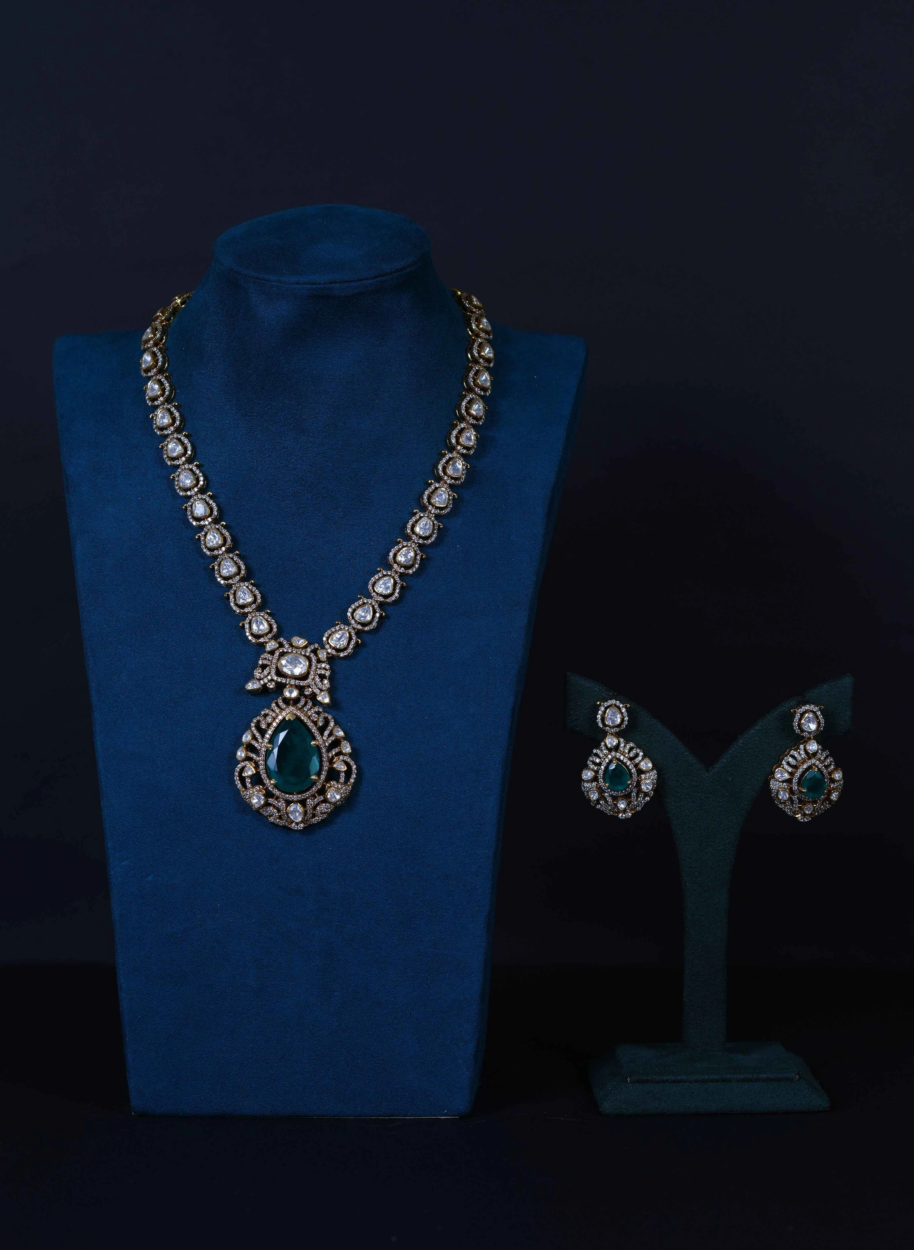 Emerald Polki Necklace with Earrings in 92.5 Silver