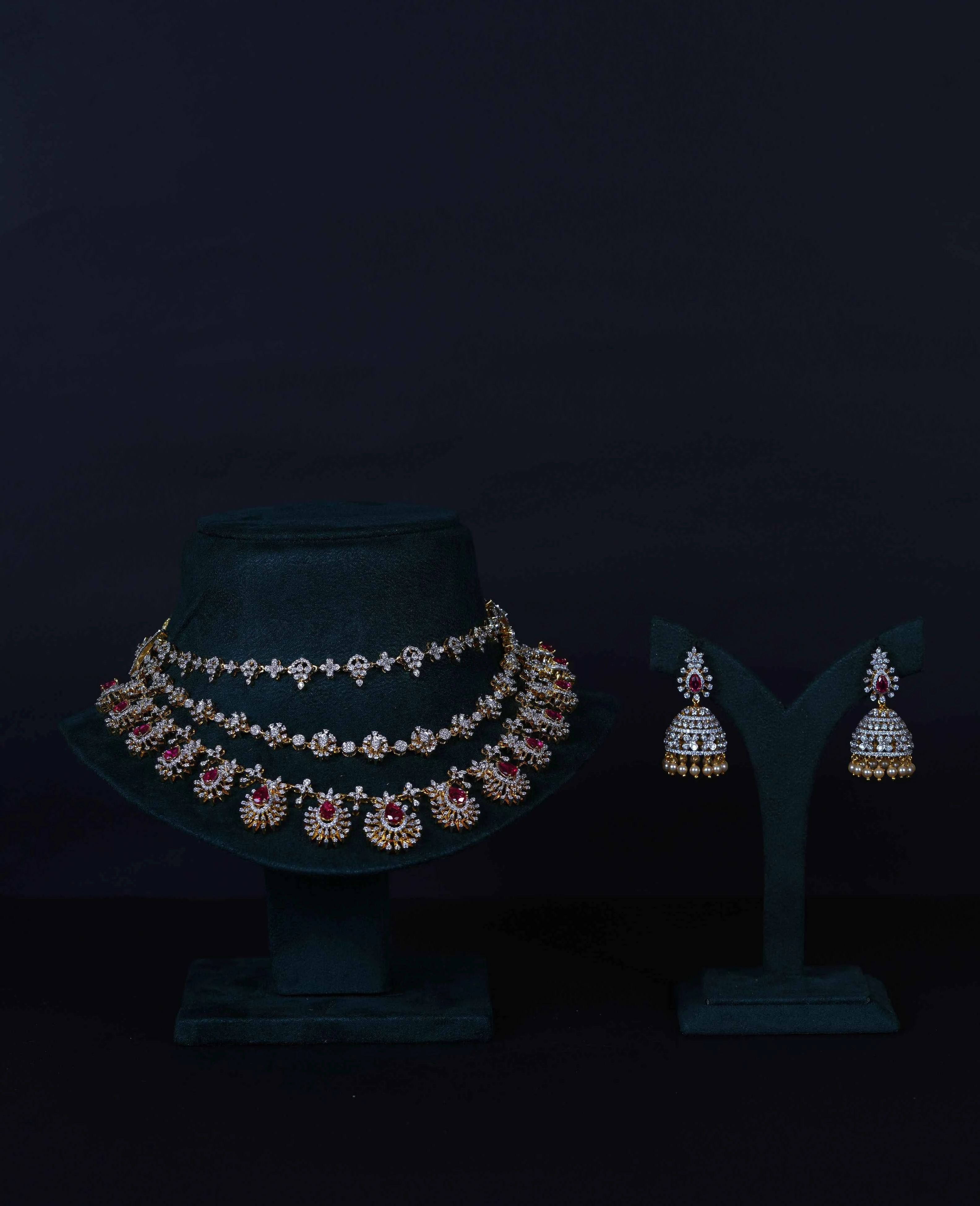 Royal 3-Layer Emerald Diamond-Replica Necklace with Beautiful Jhumkas in 92.5 Sterling Silver