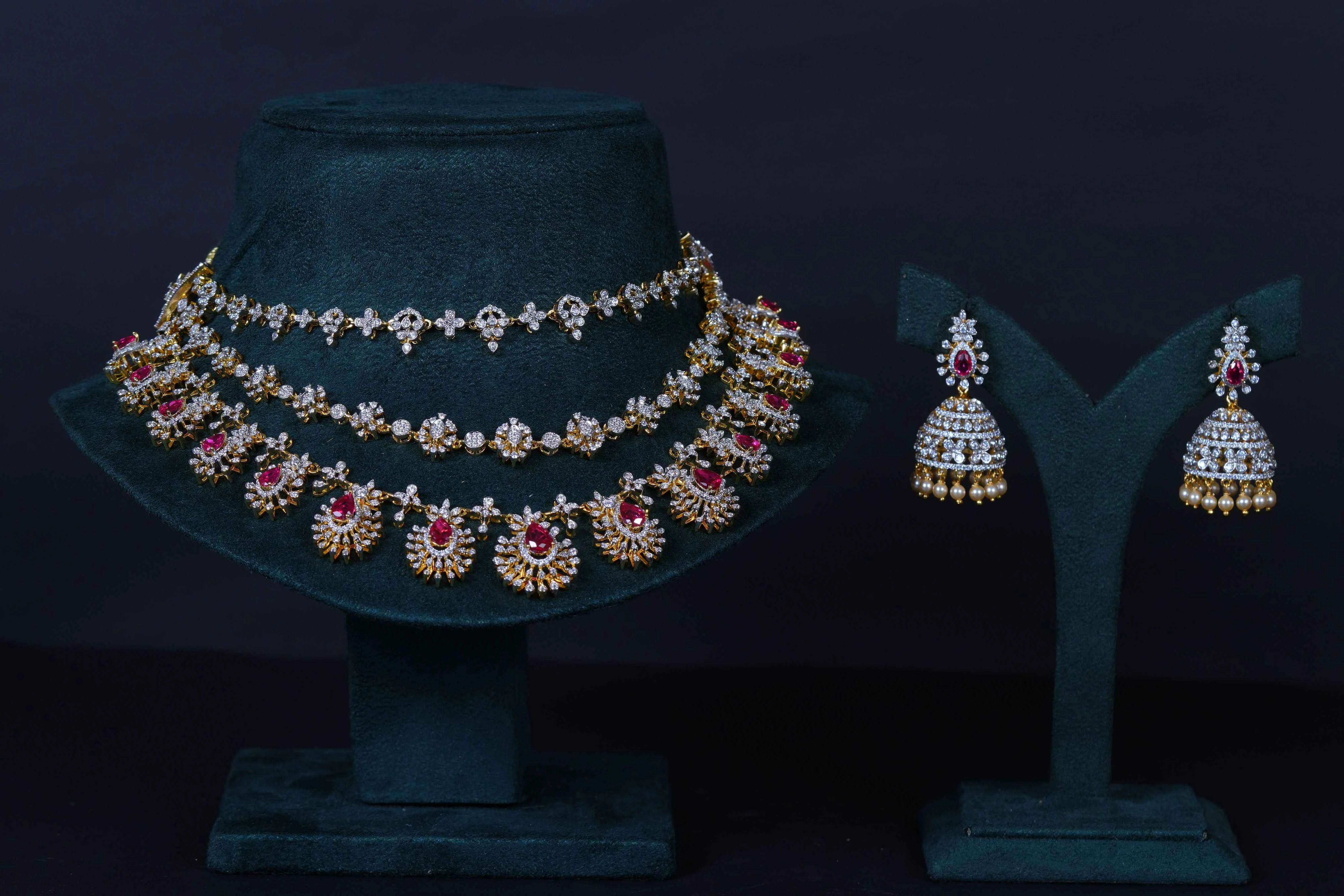 Royal 3-Layer Ruby Diamond-Replica Necklace with Beautiful Jhumkas in 92.5 Sterling Silver