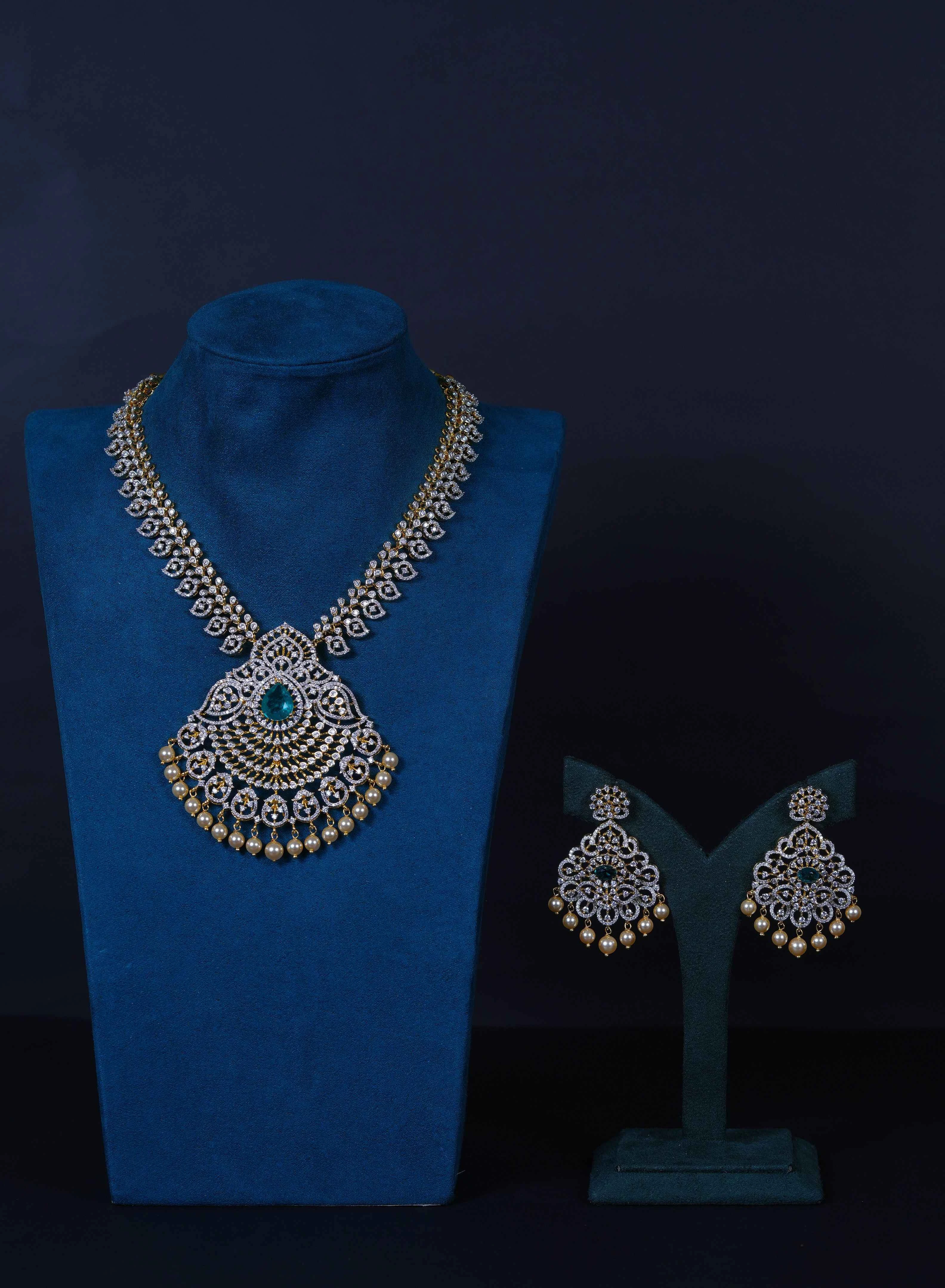 Emerald Mango American Diamond Necklace with Earrings in 92.5 Sterling Silver