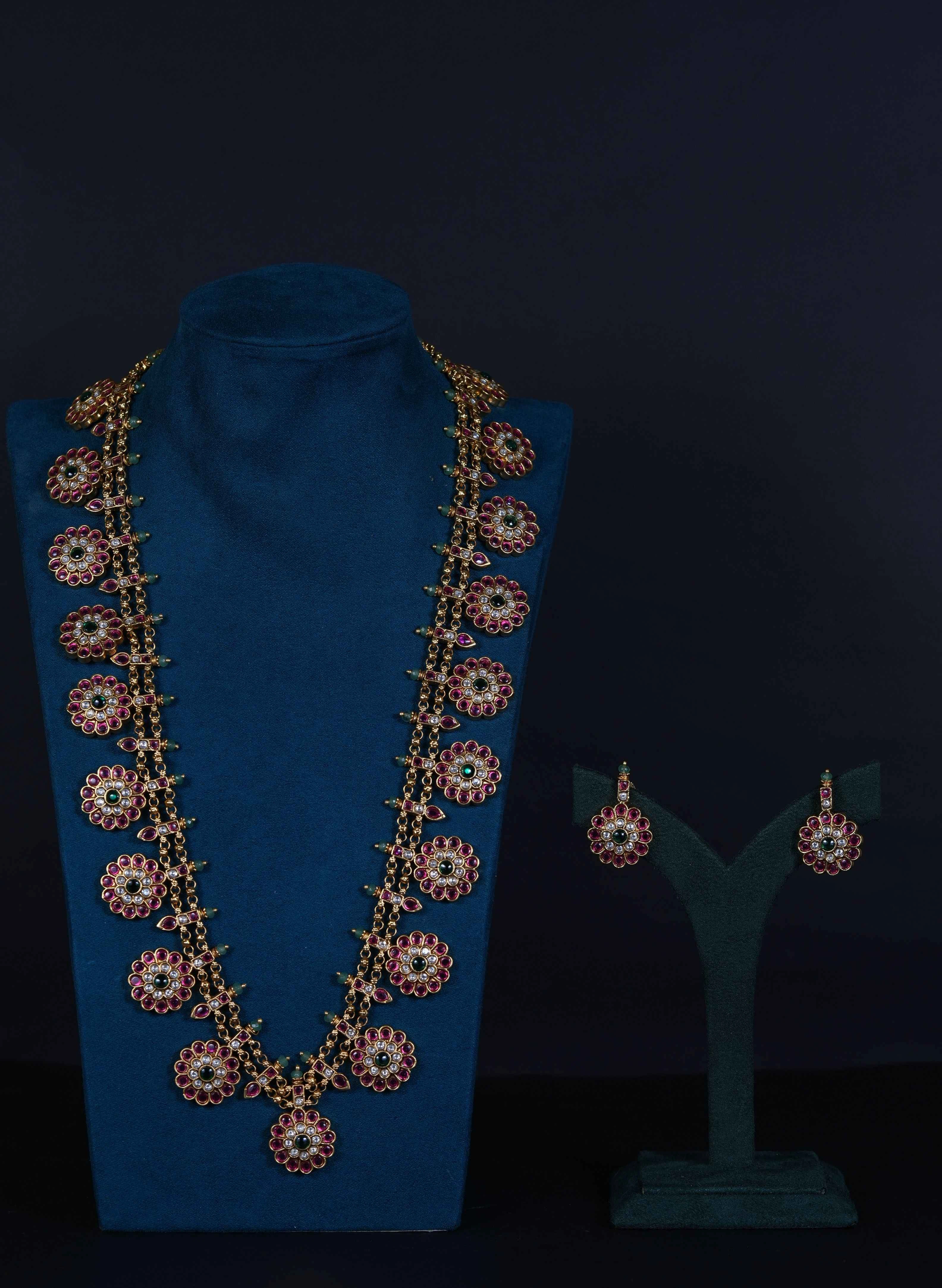 Temple Kempu Bottu Mala Set with Earrings