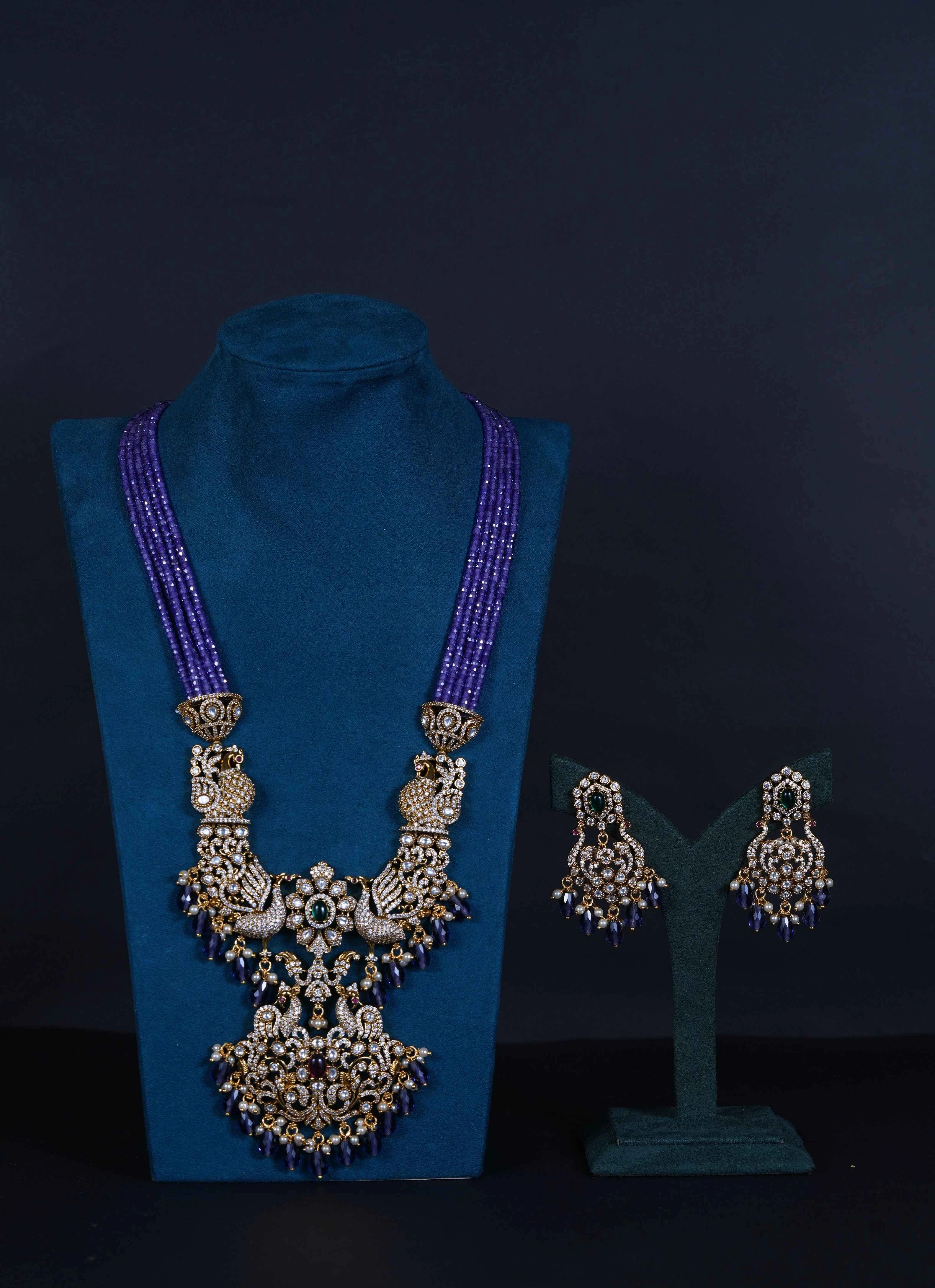Royal Victorian Moissanite Necklace Set with Stone Beads &  Earrings
