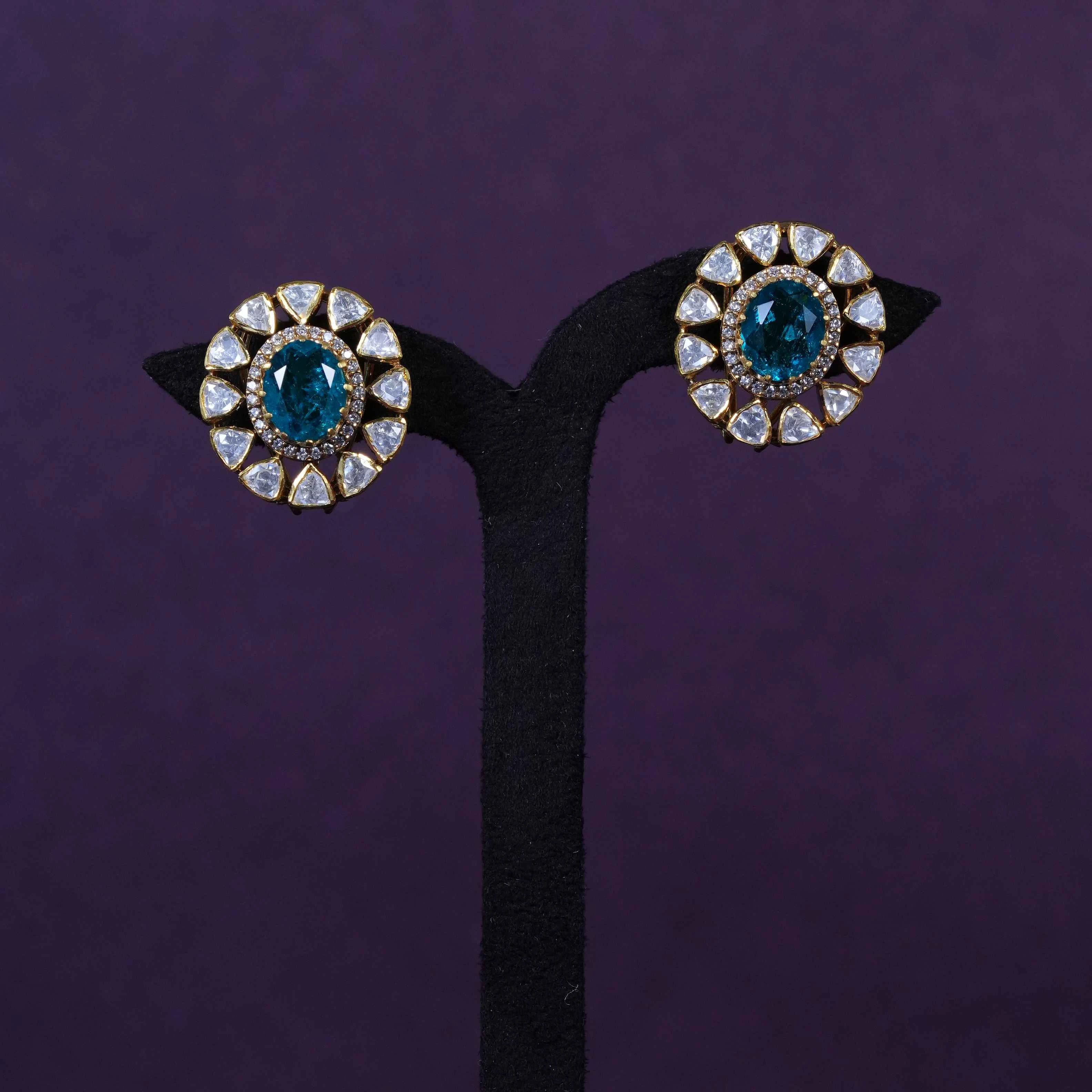Silver Blue Stone Polki Stud Earrings | Vintage Kundan Style Round Halo Earrings