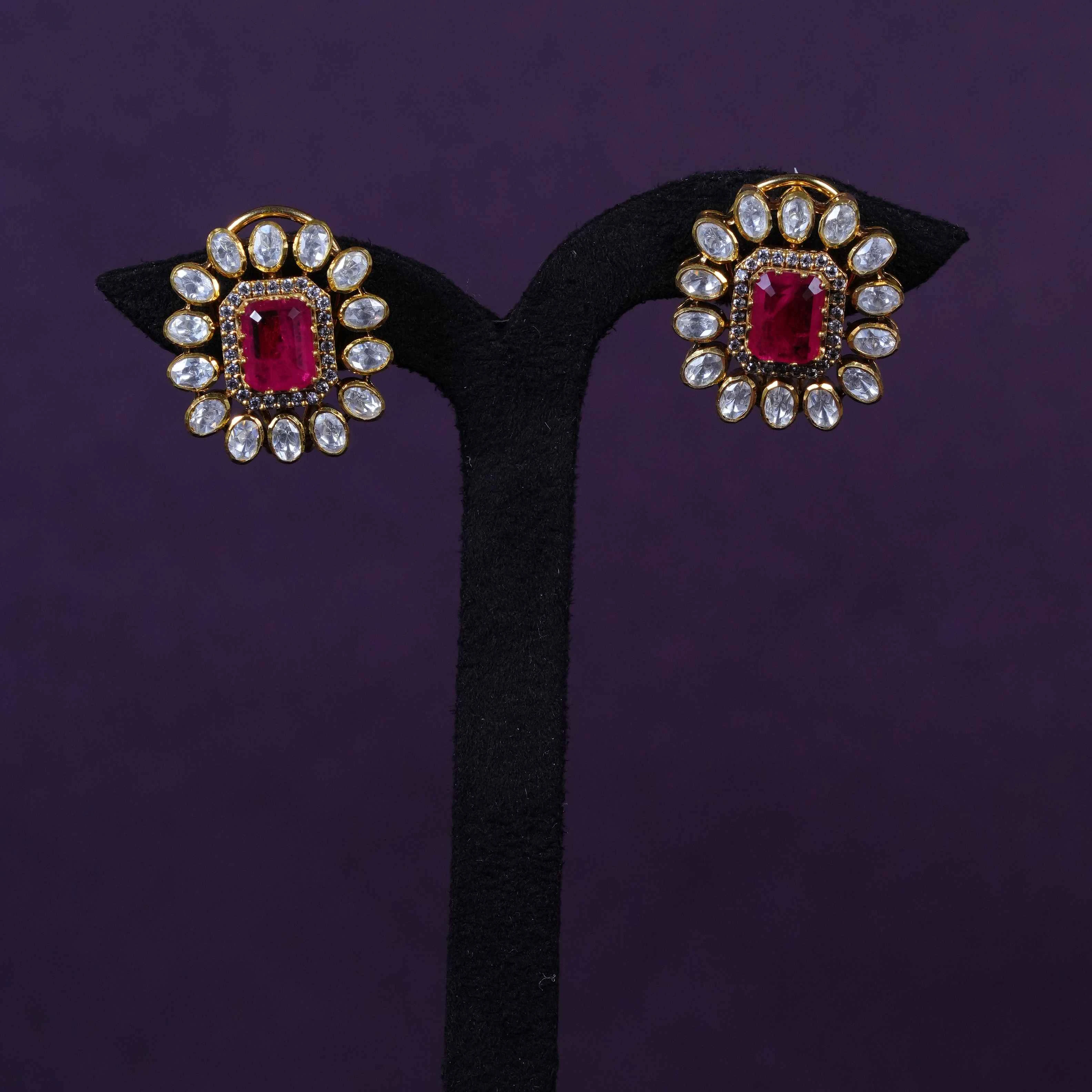 Ruby Red Stone Stud Earrings, Gold Finish CZ Floral Earrings