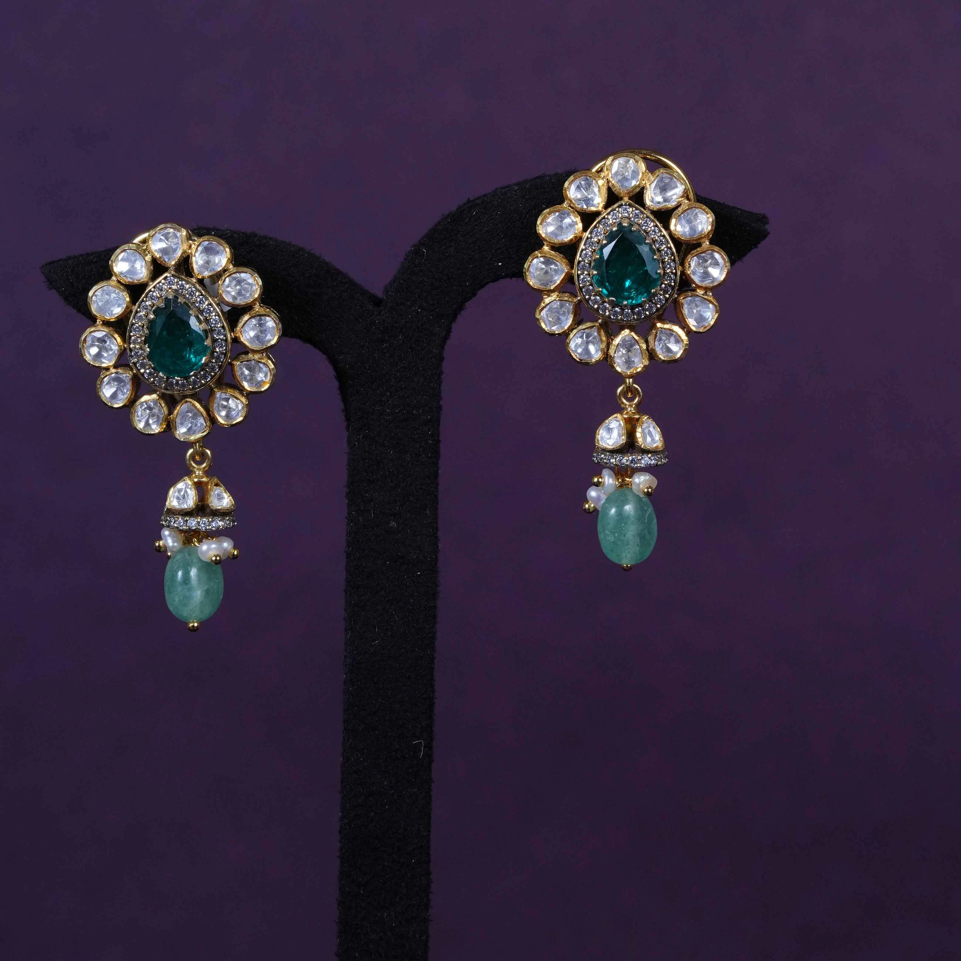 Emerald Polki Pearl Bridal Drop Earrings