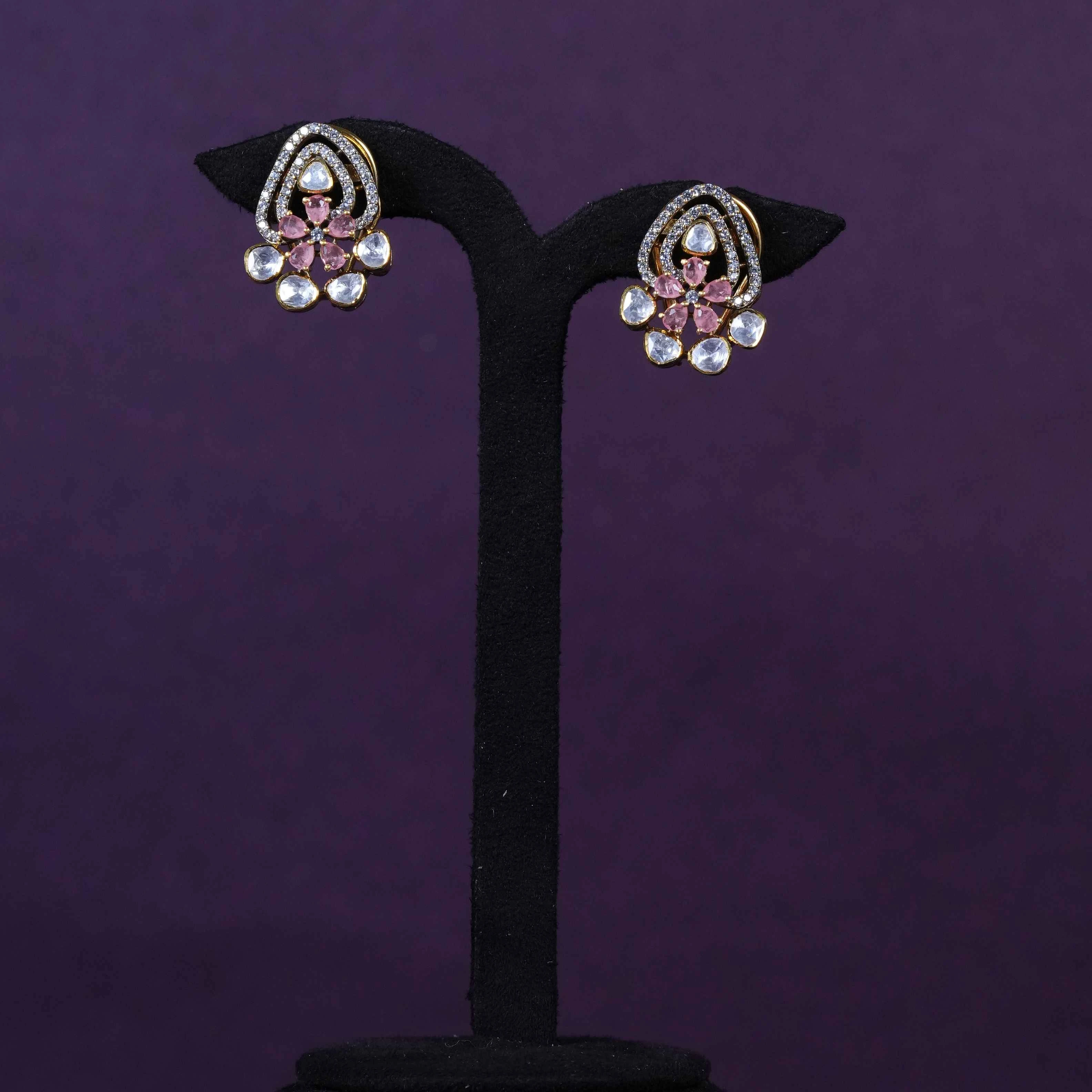 Pink American Diamond Floral Cluster Stud Earrings