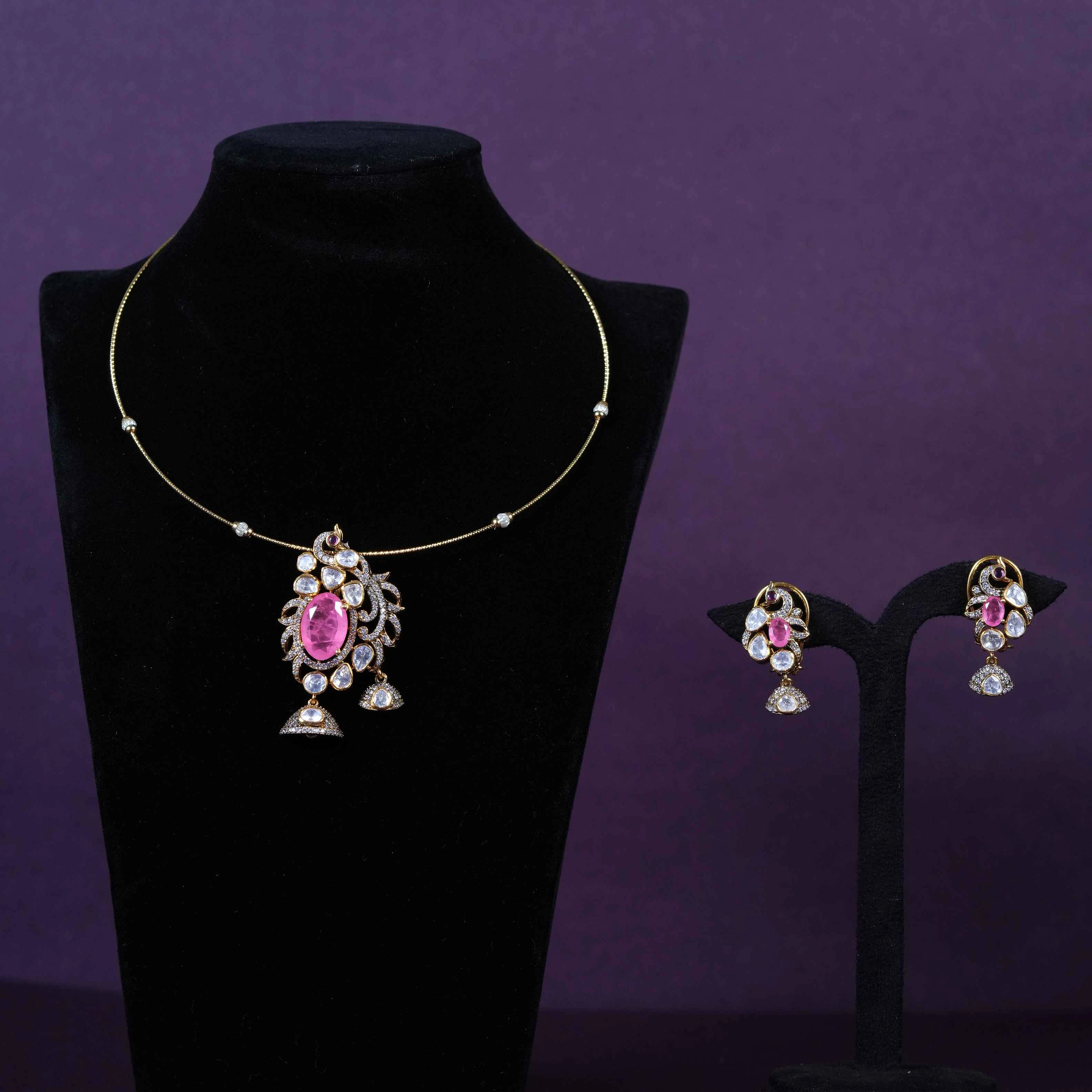 Pink American Diamond Peacock Drop Pendant Set