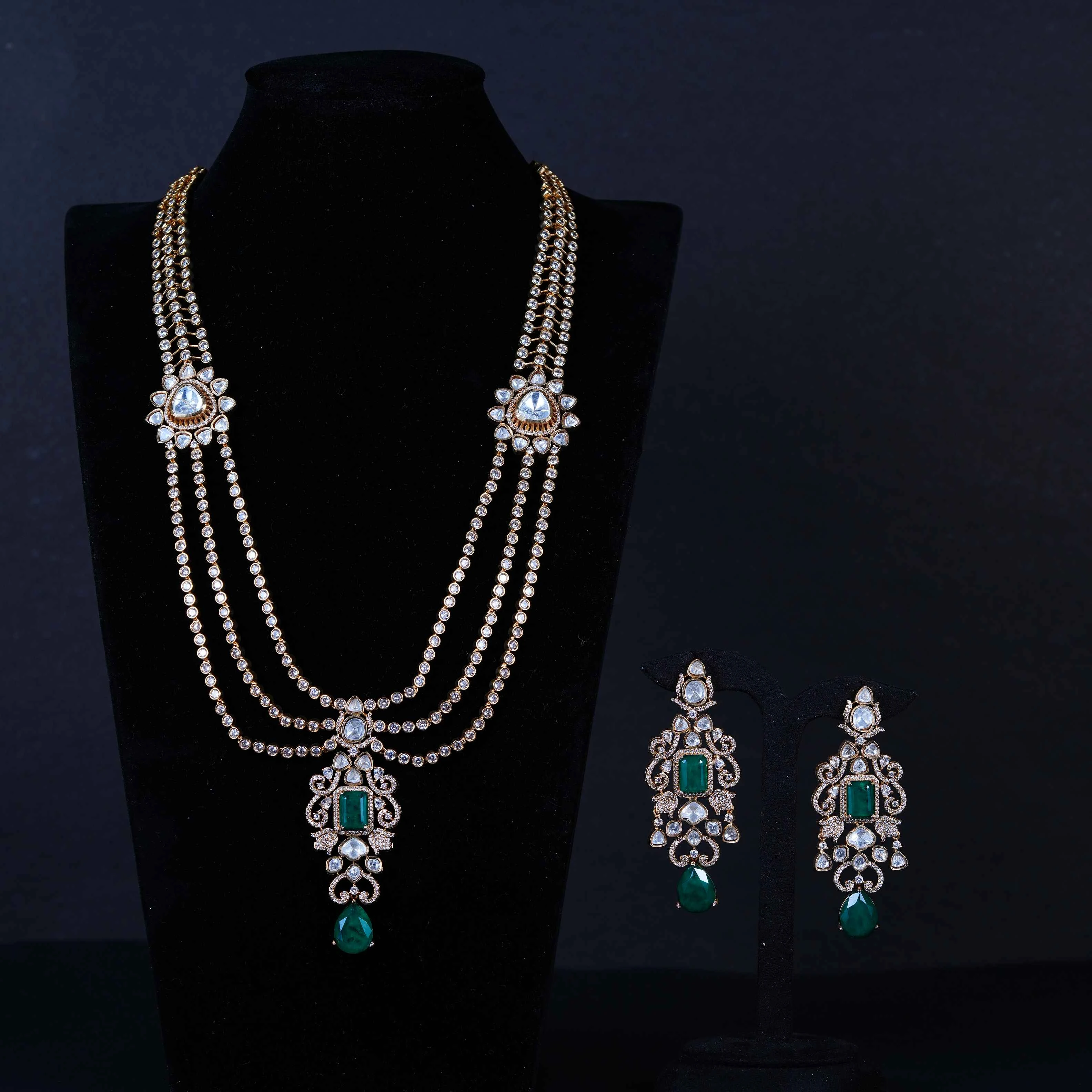 “Emerald Multi-Layer Polki Chain Necklace”