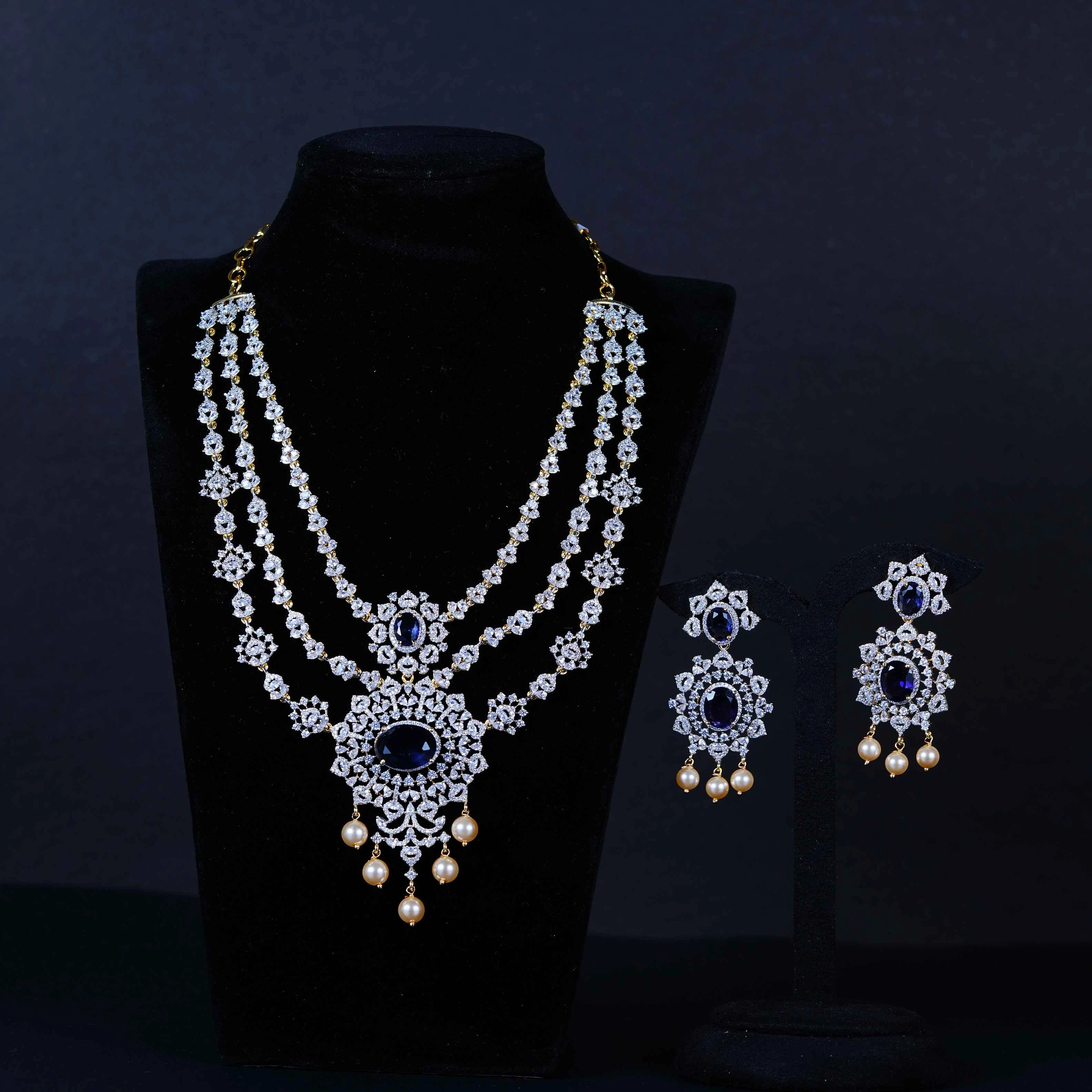 “Three-Layer Blue Stone Diamond Finish Necklace”