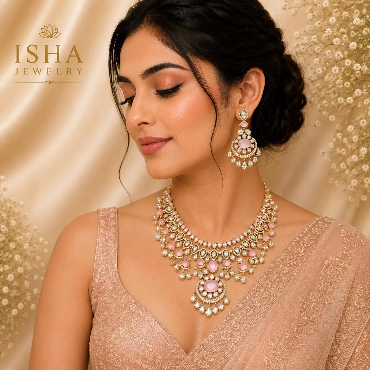 Premium Quality Moissanite & Pink Stone Victorian Necklace Set