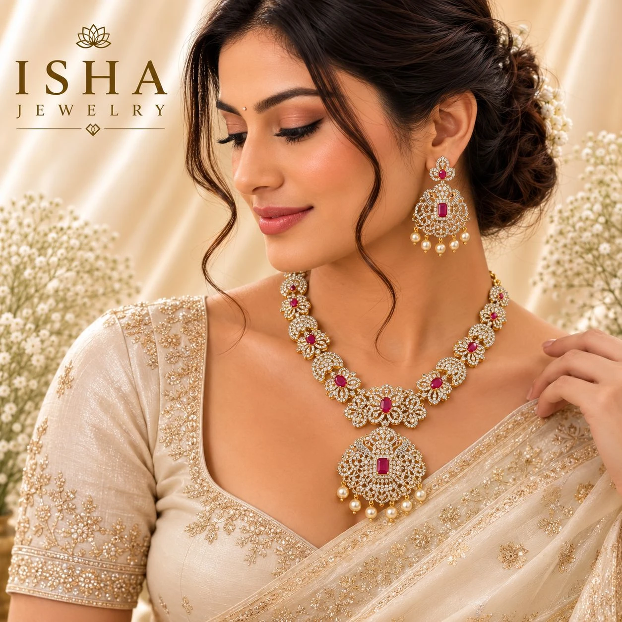 Diamond Replica Ruby Necklace with Earrings