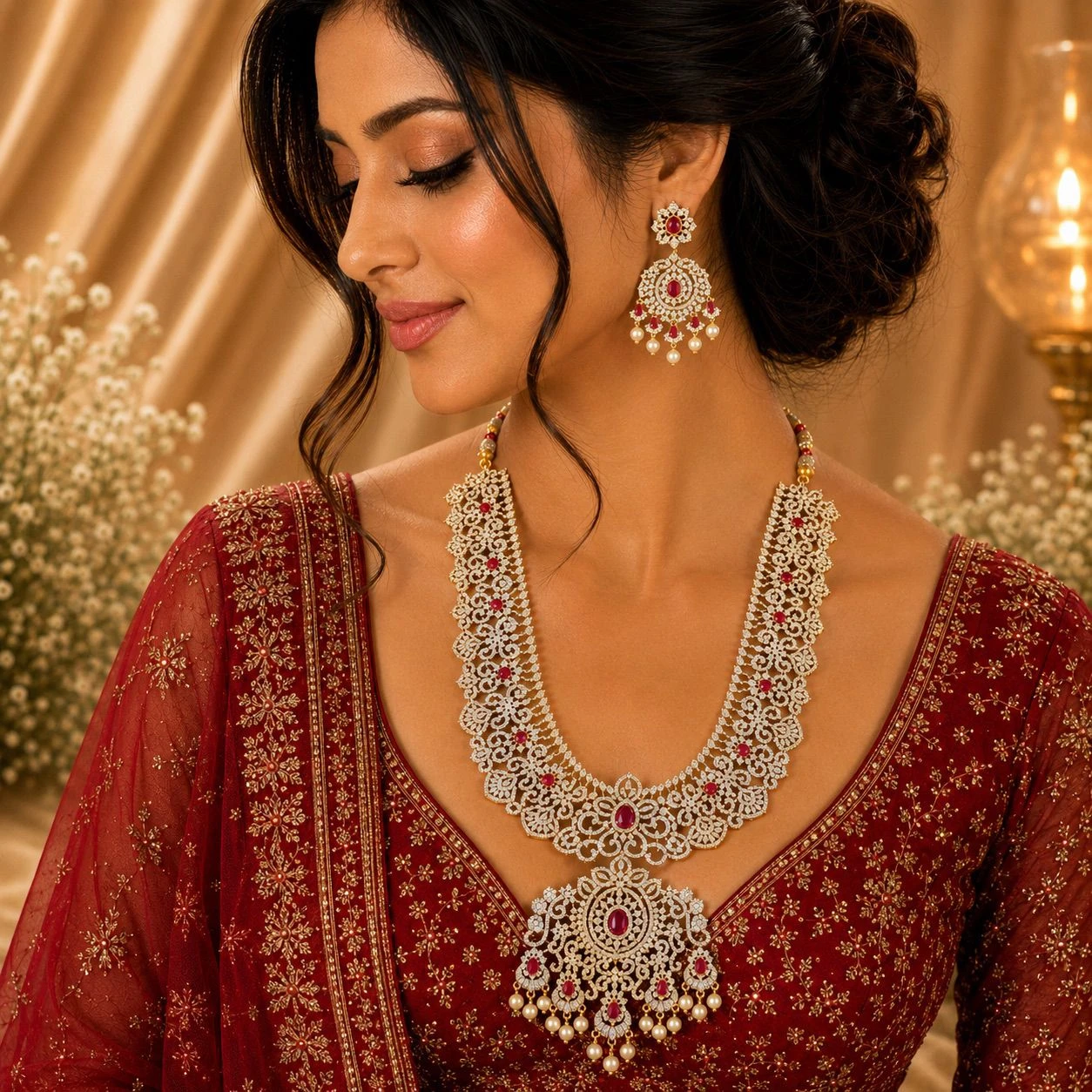 Premium Quality Diamond Replica & Ruby Haram Bridal Set